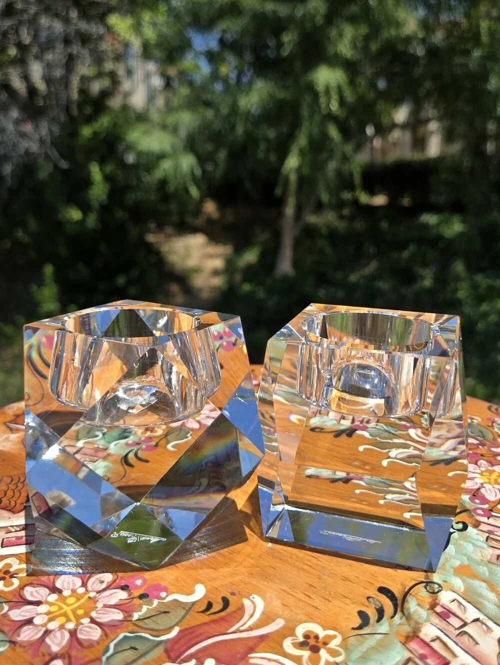 Rosenthal‎ Crystal Candle Holder Pair Regency Geometric Faceted Votive Tea Light